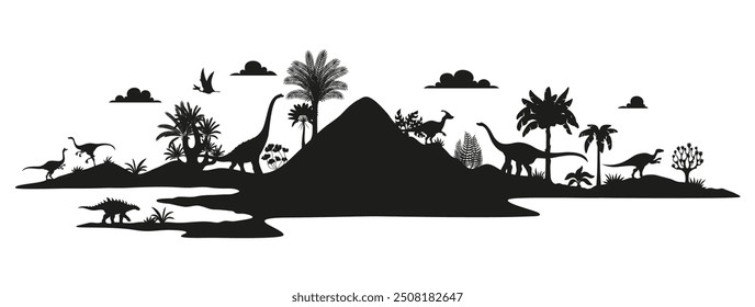 Prähistorische Dinosaurier Landschaft Silhouette. Isolierte schwarze Vektorpanoramaszene der Jurassic-Ära mit Dino-Gewürzen, Schatten, fliegenden Pterosauriern und aufragenden Sauropoden, exotischen Bäumen und unwegsamem Gelände