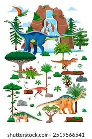 Dinossauros pré-históricos e lagartos da era Jurássica na floresta de parque, personagens de dino engraçado vetor. Desenhos animados dinossauro T-rex tyrannosaurus, alvarezsaurus, apatosaurus com quaesitosaurus e polacanthus