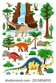 Dinosaurios prehistóricos en un paisaje exuberante. Vector conjunto de especies de dinosaurios en un entorno natural con acantilados, cascadas, plantas, árboles, helechos y rocas, creando un entorno prehistórico dinámico y animado