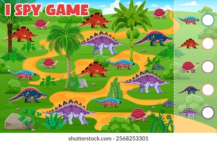 Prehistoric dinosaurs on kids I spy game worksheet, vector dino puzzle quiz. I spy game to find and match same picture of cartoon funny Jurassic dinosaurs, prehistoric lizards and reptiles in forest