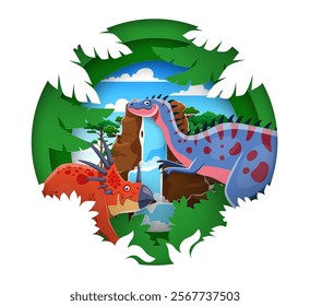 Prehistoric dinosaurs paper cut banner. Jurassic era reptile paper cut vector poster, extinct dinosaur 3d round banner or backdrop with styracosaurus, alectrosaurus dinosaurs characters and landscape