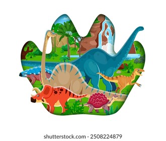 Dinosaurios prehistóricos en papel cortado huella de dinosaurio con lagartos y reptiles de la era jurásica, Vector de dibujos animados. Divertidos dinosaurios y lagartos gigantes en el bosque de la selva jurásica para niños libro de dinosaurios prehistóricos