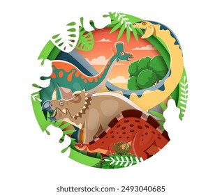 Prehistoric dinosaurs paper cut poster. 3d vector round frame with melanorosaurus, lambeosaurus, centrosaurus and wuerhosaurus dino species at lush sunset landscape with tropical plants and ferns