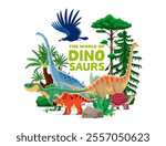 Prehistoric dinosaurs park banner with vector dino animal, reptile and bird characters. Cartoon funny brachiosaurus, allosaurus and argentavis, titanosauria, carbonemys and arrhinoceratops dinosaurs