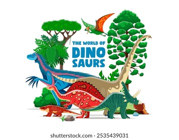 Bandeira pré-histórica do parque dos dinossauros. Vetor dino mundo storybook ou atlas cobrir com répteis de desenhos animados vibrantes e brincalhões em paisagem verdejante exuberante com tipografia divertida, pedras, samambaias, toras e árvores