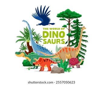 Prehistoric dinosaurs park banner with vector dino animal, reptile and bird characters. Cartoon funny brachiosaurus, allosaurus and argentavis, titanosauria, carbonemys and arrhinoceratops dinosaurs