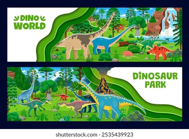 Prähistorische Dinosaurier parken auf Papier geschnittenen Bannern mit lustigen Dino-Eidechsen, Vektorhintergrund. Kinder Dino Park oder Paläontologie Museum der Jurassic Ära auf Papier geschnitten Banner mit riesigen Dinosaurier und Reptilien