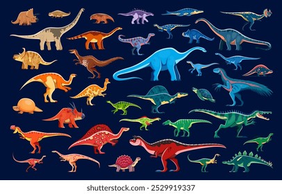 Personajes de dibujos animados de dinosaurios y reptiles prehistóricos. Fondo de Vector de animales de dinosaurio jurásico de color lindo con triceratops, lotosaurus, glyptodon. Dinosaurios extintos de carnotaurus, rapaces y arquelones