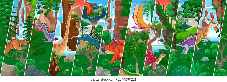 Prähistorische Dinosaurier und Reptilien Figuren Collage. Cartoon Vektor fliegen und terrestrische Dino Arten in ihrem natürlichen Lebensraum und alten Umwelt Landschaft mit Wasserfällen, Bäumen oder Bergen