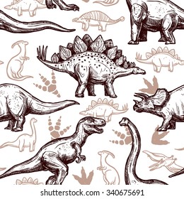 Prehistoric dinosaurs reptiles with footprints on background seamless wrap paper pattern two-color doodle style abstract vector illustration