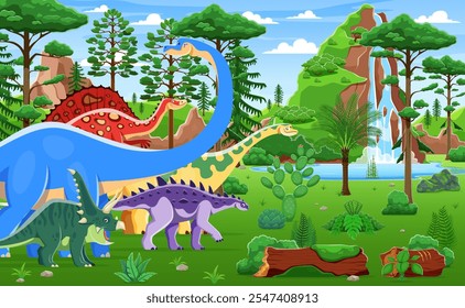 Dinosaurios y reptiles prehistóricos en el parque de atracciones Jurassic, fondo de Vector. Dibujos animados divertidos dinosaurios, lagartijas prehistóricas y reptiles en el bosque de la selva para el parque de atracciones de los niños