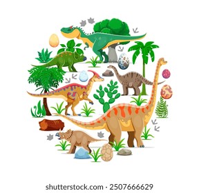 Prehistoric dinosaurs, round banner of vector jurassic dino animals, prehistoric reptile eggs, footprints, forest trees and plants. Cute cartoon brachiosaurus, allosaurus and centrosaurus dinosaurs