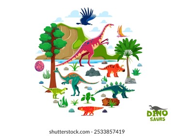 Dinosaurios prehistóricos en forma redonda. Dibujos animados de personajes de dinosaurios del Vector lambeosaurus, argentavis, bagaceratops o lexovisaurus, psittacosaurus o arrhinoceratops, dimorphodon y anchisaurus