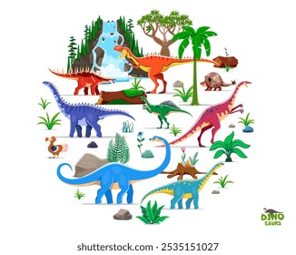 Dinosaurios prehistóricos de forma redonda con personajes de dibujos animados de dinosaurios de Vector dispuestos en una figura redonda aislada en medio de un exuberante paisaje de la era jurásica con cascadas, palmeras, helechos, plantas y rocas volcánicas