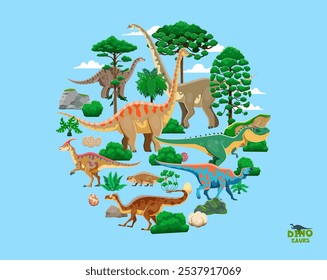 Dinossauros pré-históricos em forma redonda com personagens dino cartoon em meio a uma paisagem exuberante da era jurássica com vegetação, árvores, samambaias, ovos, plantas e rochas. Vetor animado ambiente antigo pré-histórico