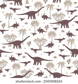 Prehistoric dinosaurs seamless pattern with Jurassic lizards and palm trees, vector background. Kids pattern with funny prehistoric dinosaurs of Tyrannosaurus T-rex, velociraptor and bagaceraptors