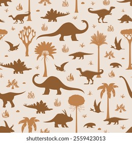 Prehistoric dinosaurs seamless pattern of Jurassic lizards and reptiles, vector background. Kids cartoon dinosaurs pattern of prehistoric era dino animals and birds with jungle forest and palm trees