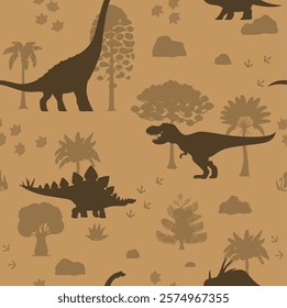 Prehistoric dinosaurs seamless pattern. Jurassic dinos vector background with silhouettes of tyrannosaurus rex, stegosaurus, styracosaurus and titanosauria. Dinosaurs, palm trees, footprints pattern