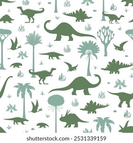 Los dinosaurios prehistóricos de patrón transparente con siluetas de color verde claro de especies de dinosaurios deambulan entre árboles antiguos y plantas sobre fondo blanco. Azulejo infantil de Vector con dino en el paisaje tropical