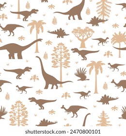 Prehistoric dinosaurs seamless pattern. Vector tile background featuring a variety of dino silhouettes along with ancient plants and trees, in soft earth tones for wallpaper, textile, wrapping paper