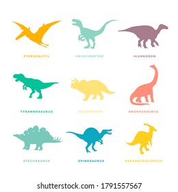 Prehistoric Dinosaurs Signs, Symbols or Illustrations Set. Colorful Vector Ancient Reptiles Silhouttes Collections. Isolated.