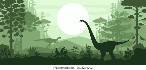 Prehistoric dinosaurs silhouettes at the forest landscape. Vector shadow scene of Jurassic ages, dino animals and ancient flora with palm trees and ferns under a large sun, background in green colors