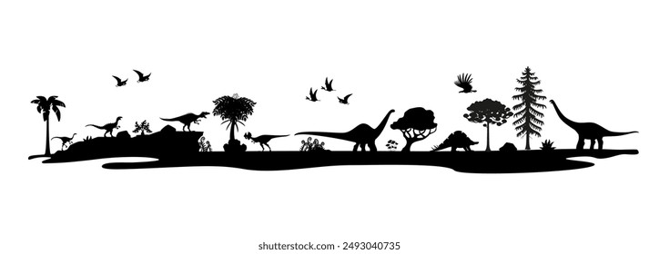 Prähistorische Dinosaurier-Silhouetten im Dschungelwald, Eidechsen aus der Vektorgrafik des Jura. Prähistorische Dinosaurier Brontosaurus, T-Rex Tyrannosaurus mit Stegosaurus und Velociraptor oder Argentavis Silhouette