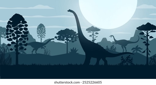 Siluetas prehistóricas de dinosaurios de la era jurásica en el bosque al atardecer, fondo de Vector. Siluetas de dino gigante y reptiles en el bosque de la selva para niños dino atlas del mundo o museo de paleontología