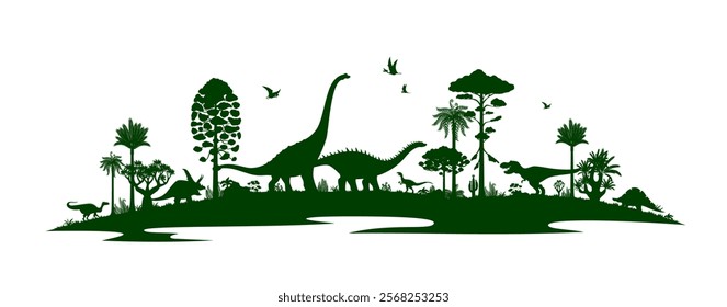 Prehistoric dinosaurs silhouettes and Jurassic lizards in jungle forest, cutout vector. T Rex dinosaur with reptile lizards of Cretaceous era in jungle forest silhouette for kids paleontology book