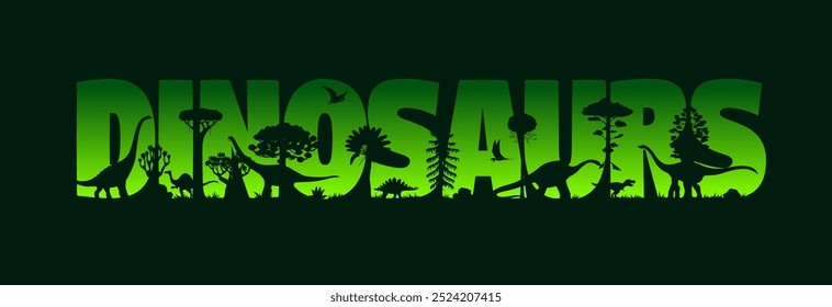 Prähistorische Dinosaurier Silhouetten in Jurassic Park Sonnenuntergang oder Dschungelwald Landschaft, Vektorhintergrund. Dinosaurier und prähistorische Riesenechsen der Jurassischen Ära in ausgeschnittenen Buchstaben im grünen Sonnenuntergang