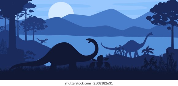 Siluetas de dinosaurios prehistóricos en el paisaje fluvial nocturno, fondo de Vector. Lagartos de dinosaurio prehistóricos de la era jurásica y reptiles de dinosaurio gigantes con silueta T-rex en bosque de la selva nocturna con luna