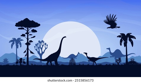 Prehistoric dinosaurs silhouettes on dusk prehistoric landscape with plants. Vector background with brachiosaurus and oviraptor dino, flying pterosaur shadows in front of large moon in dark blue sky