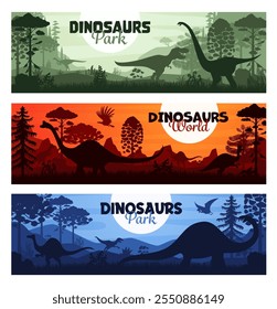 Siluetas de dinosaurios prehistóricos en Anuncios Horizontales de la era jurásica, fondos de Vector. Mundo de dinosaurios o parque de aventuras de dinosaurios o Anuncios con T-rex y gigantes prehistóricos al atardecer