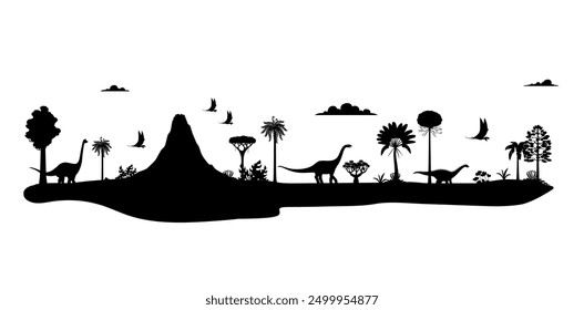 Prehistoric dinosaurs silhouettes on Jurassic landscape background, vector cutout lizards. Cartoon prehistoric dinosaurs silhouettes in jungle forest park with T-rex, brontosaur and pterodactyl