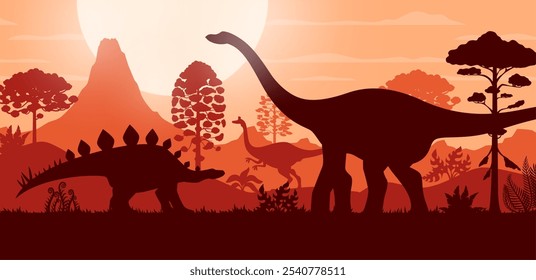 Silhuetas de dinossauros pré-históricos sobre fundo de vetor de paisagem de natureza jurássica. Quaesitosaurus gigante, pelecanimimus e lexovisaurus dinossauros silhuetas na floresta de selva com árvores antigas e sol