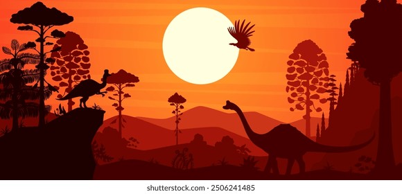 Prehistoric dinosaurs silhouettes in sunset forest or Jurassic era landscape, vector background. Cartoon prehistoric dinosaur lizards silhouettes of pelorosaurus, corythosaurus and argentavis bird