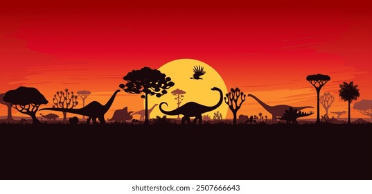 Los dinosaurios prehistóricos siluetan el paisaje de la puesta del sol con árboles y plantas. Fondo de Vector con el terreno y la sombra de especies de dinosaurios voladores frente al sol Grande en el cielo rojo del crepúsculo. Entorno del parque jurásico