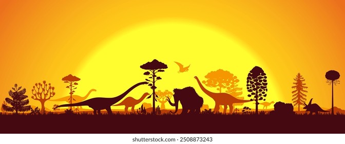 Siluetas de dinosaurios prehistóricos en el paisaje de la puesta del sol de la era jurásica y la edad de hielo, fondo de Vector. Lagartos de dinosaurio prehistóricos de dibujos animados y siluetas de mamut con árboles del bosque de la selva y sol