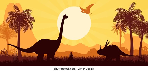 Silhuetas de dinossauros pré-históricos na paisagem do pôr do sol da floresta jurássica, fundo vetorial. Lagartos gigantes pré-históricos e silhuetas dino pterodactyl na selva com pôr do sol para museu de paleontologia