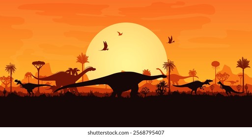 Prehistoric dinosaurs silhouettes at sunset landscape with trees and plants. Vector background with terrain dino species and flying pterosaur shadows in front of the large orange sun in a dusk sky