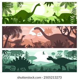 Prehistoric dinosaurs silhouettes in tropical forest. Vector horizontal banners feature dino species roaming and flying at lush prehistoric era landscape with varied plants at jungle sunset background