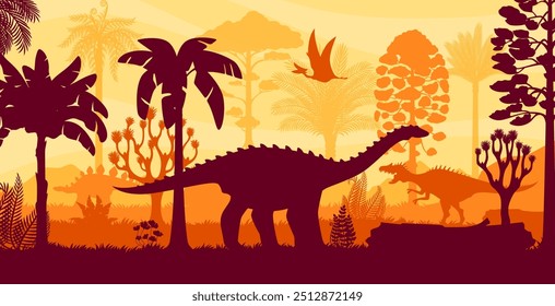 Silhuetas de dinossauros pré-históricos na floresta de selva tropical e céu amarelo vibrante. Vetor período Jurássico paisagem com vegetação exuberante e animais dino vagando. Representação vívida da vida selvagem antiga