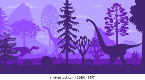 Prähistorische Dinosaurier Silhouetten im tropischen Dschungelwald der Jurassic Ära, Vektorhintergrund. Prähistorischer Dino Park oder Paläontologie Museum Banner mit Riesenechsen und Dinosaurier Reptilien Silhouetten