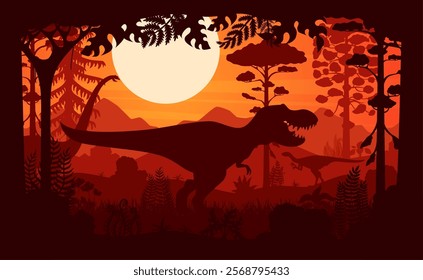 Prehistoric dinosaurs silhouettes in tropical jungle at sunset vector background. Jurassic tyrannosaurus rex, hypsilophodon and omeisaurus dinosaurs in frame of prehistoric tree and plant silhouettes