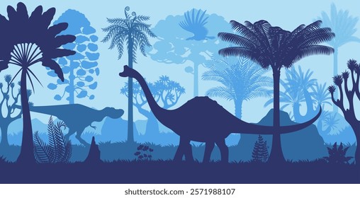 Prehistoric dinosaurs silhouettes in tropical jungle forest at night. Jurassic dino animals and pterosaur, palm trees and plants vector background. Argentavis, pelorosaurus and tarbosaurus dinosaurs