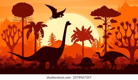 Prehistoric dinosaurs silhouettes in tropical jungle forest sunset landscape vector background. Jurassic brachiosaurus, probactrosaurus, tapejara and doedicurus dinosaur animals and tree silhouettes