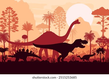 Siluetas de dinosaurios prehistóricos en selvas tropicales. Escena de Vector con especies de dinosaurios recorriendo el paisaje con helechos, rocas, palmeras y Grande sol al atardecer. Panorama de la era del Jurásico Antiguo