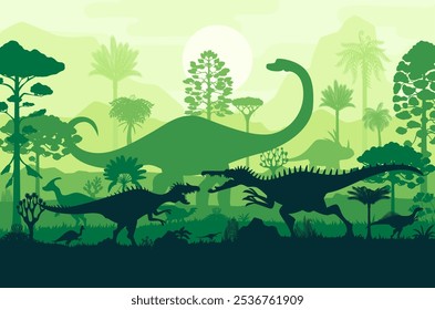 Prehistoric dinosaurs silhouettes in tropical rain forest. Vector majestic sunset scene of dino reptile species roaming and clashing at jungle landscape background with fading sky, sun and tall trees