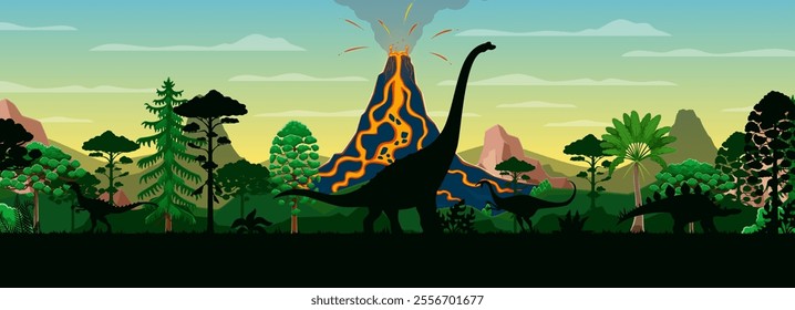 Prehistoric dinosaurs silhouettes at volcano landscape in Jurassic era forest, vector background. Giant lizards and dinosaur reptile silhouettes in jungle with volcano eruption for paleontology museum