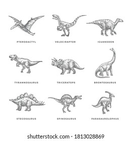 Prähistorische Dinosaurier Skizzen Zeichen, Symbole oder Illustrationen Set. Handgezeichnete Vektorkunststoffe Silhouttes Kollektion. Doodle Style Zeichnungen Paket. Einzeln.